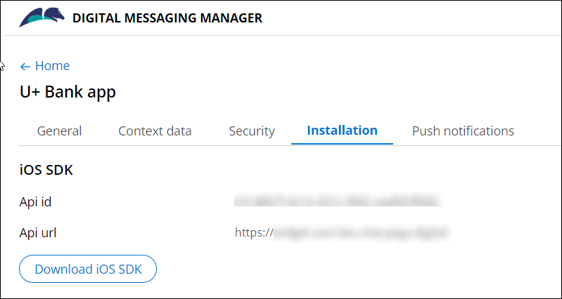 The configuration settings for an iOS app messaging connection on the Installation tab.