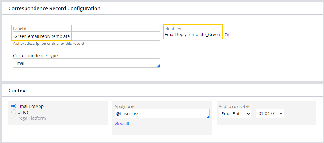 The new email reply template label and identifier representing the green theme.