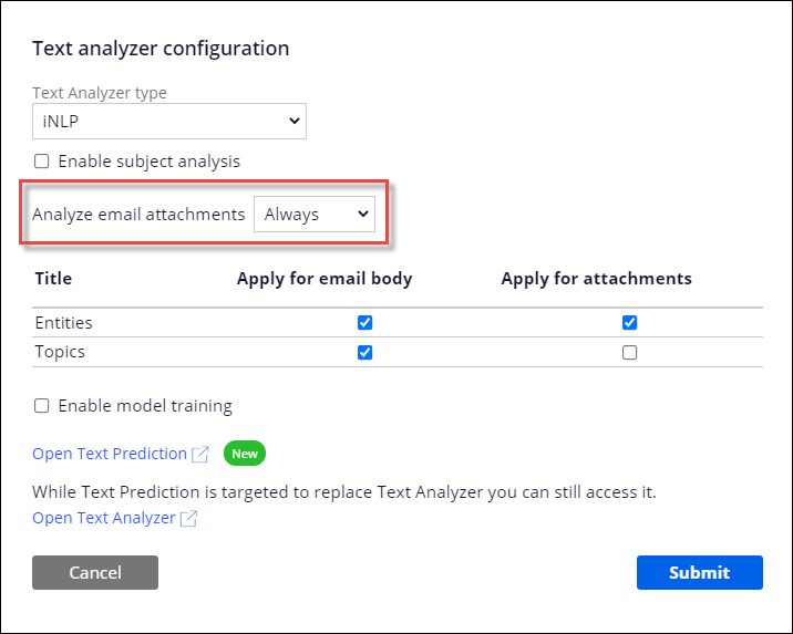 The advanced text analyzer configuration for an email bot set up to always analyze email attachments.