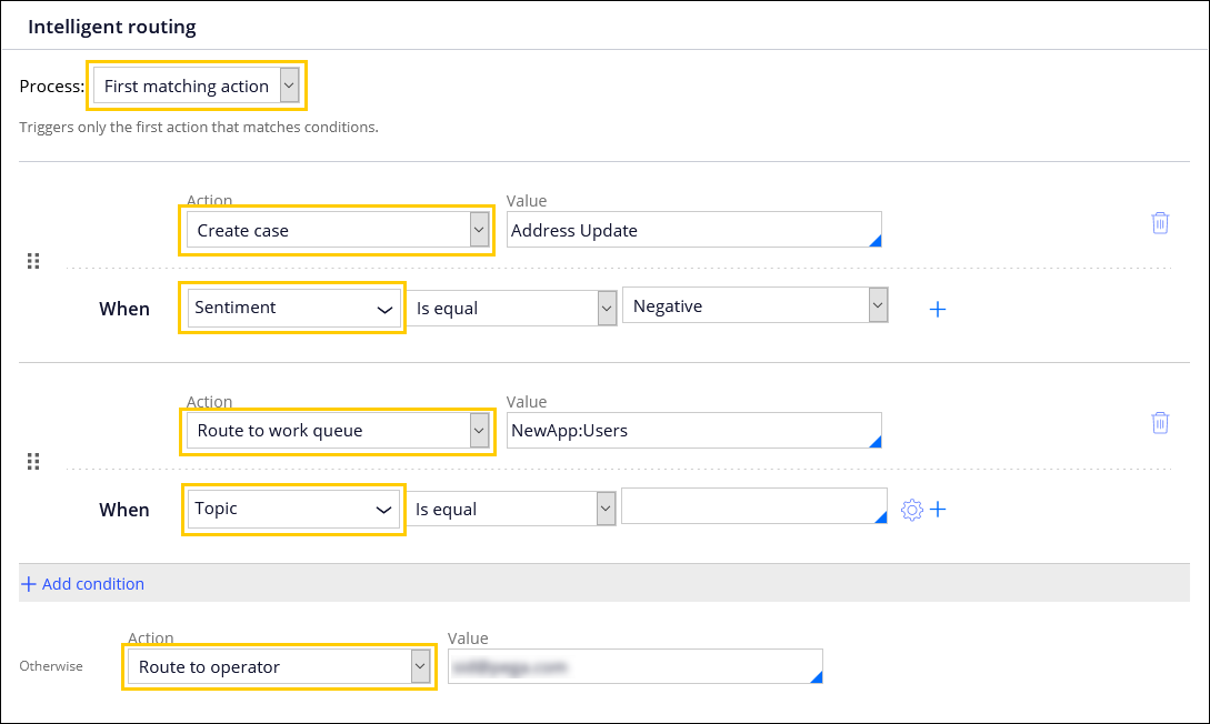 The Intelligent routing section of the Email channel behavior tab, configured for a first matching action