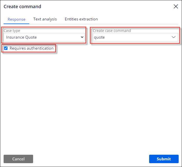 The Create command window with a single create case command definition and required authentication enabled for an IVA.