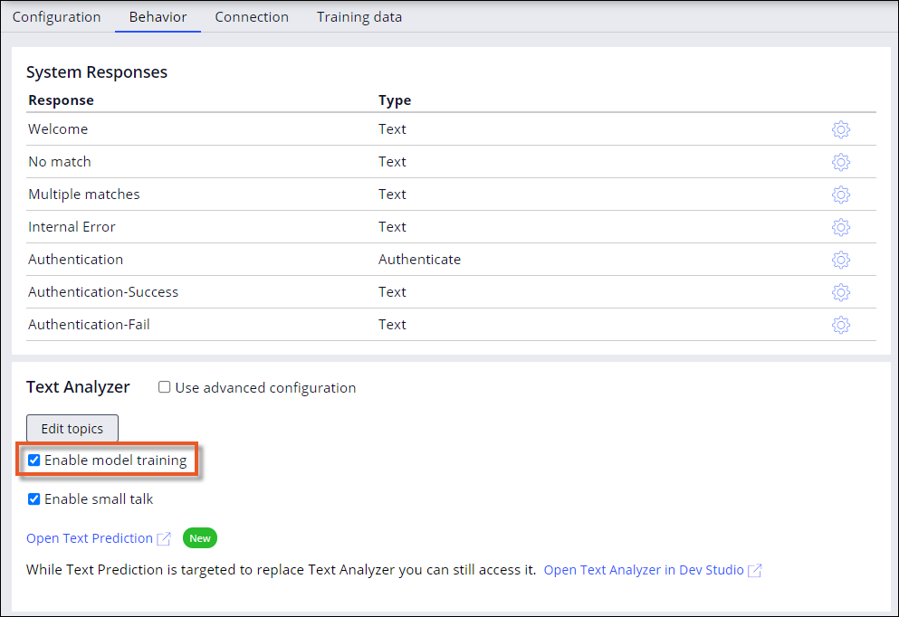 The default text analyzer configuration on the Behavior tab for an IVA channel.