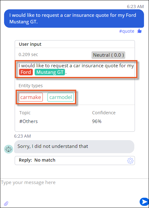 Car make and car model entities in user input in the preview console.