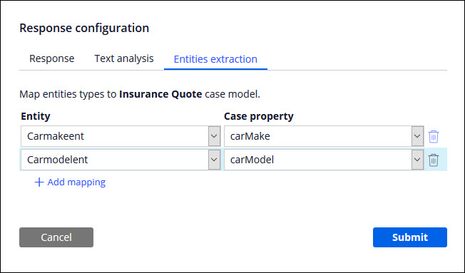 The Response configuration dialog box for case type commands