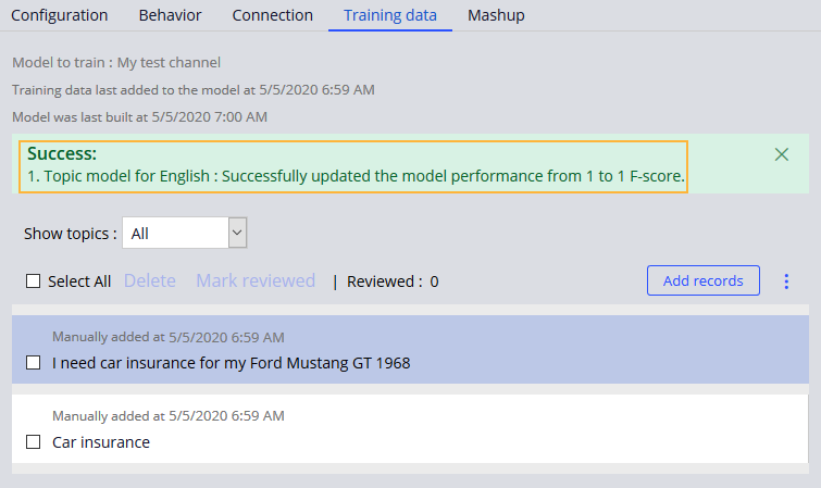 Updating the model using previously reviewed data in the Training data tab.