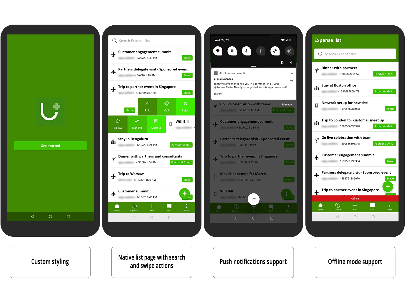 Overview of mobile features with custom styling, push notifications, offline mode, and native list pages with swipe actions.