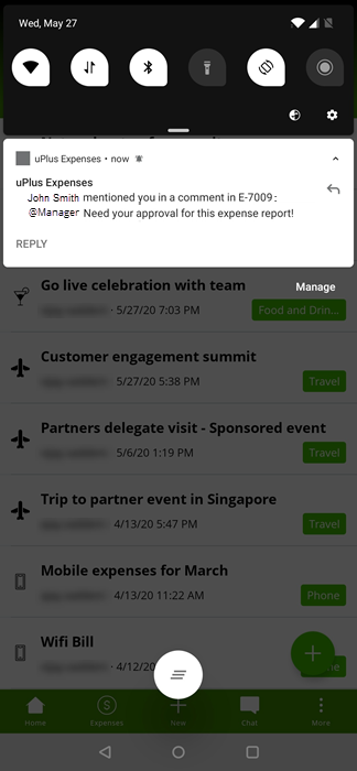 Push notification asking for a expense approval that is displayed on the status bar