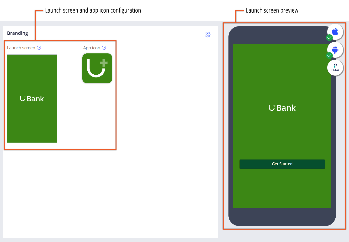 Configuring a custom launch screen and icon for a mobile app with the help of the live preview.
