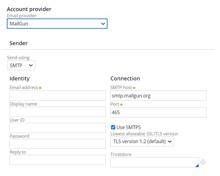 A screenshot of the Account provider section with the MailGun component selected