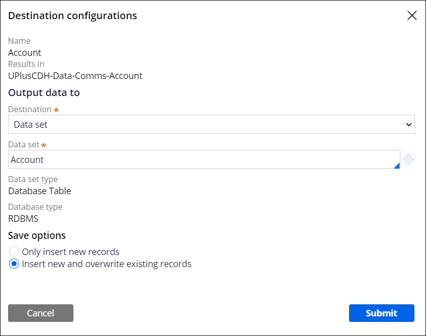 The Account data set is selected as the destination for the data flow.