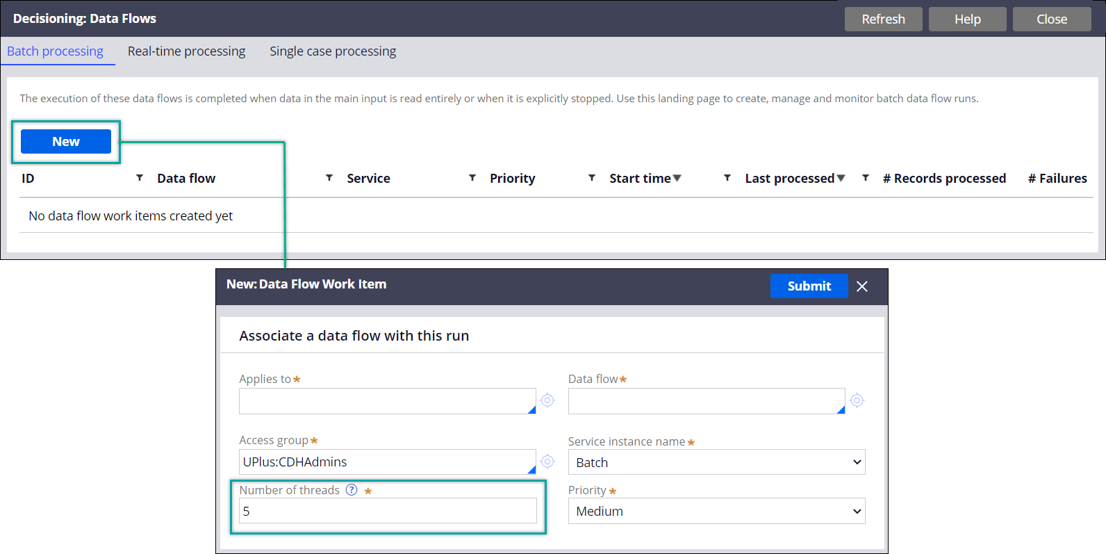 By clicking New on the Data flows landing page, you can create a new data flow run and set the number of threads.