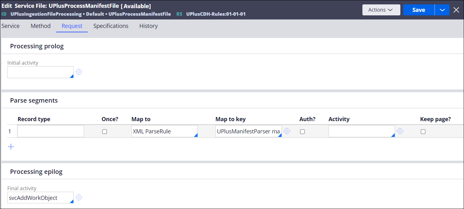 The Parse XML rule and the svc Add Work Object activity are used in the service file configuration.