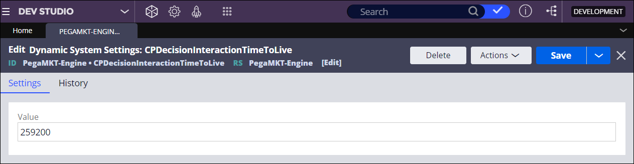 The CP Decision Interaction time to live setting is open in Dev Studio. It is set to the default value.