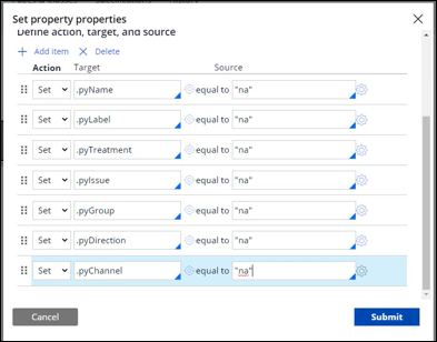 Sample screenshot of the properties window of the Set Properties shape with a list of properties