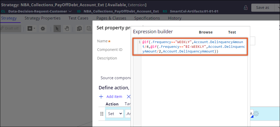 Expression builder window showing an example of a custom logic for
                        calculating dynamically paid amounts.