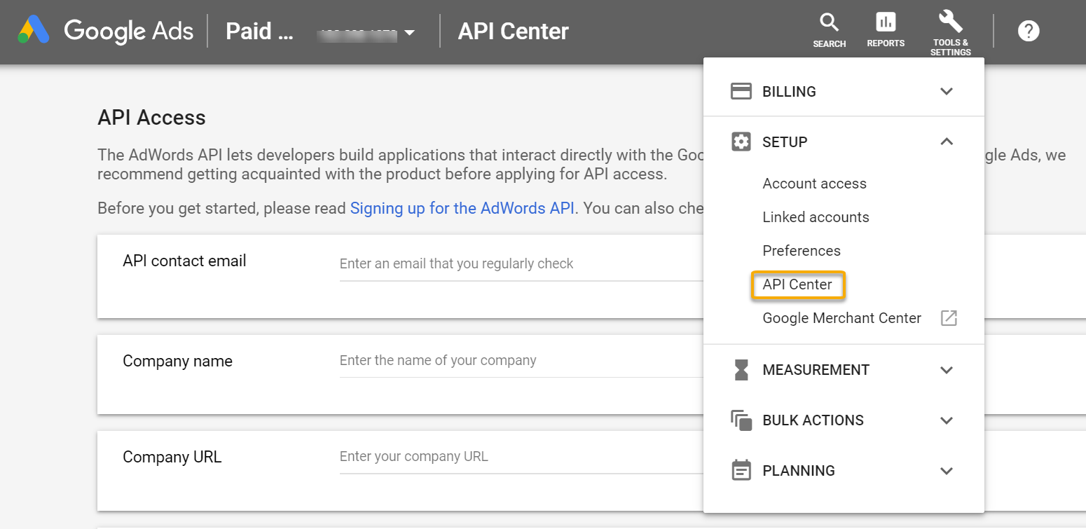 Google Ads API Center access