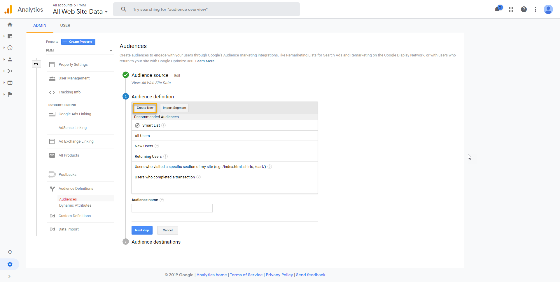 Create a new audience in Google Analytics