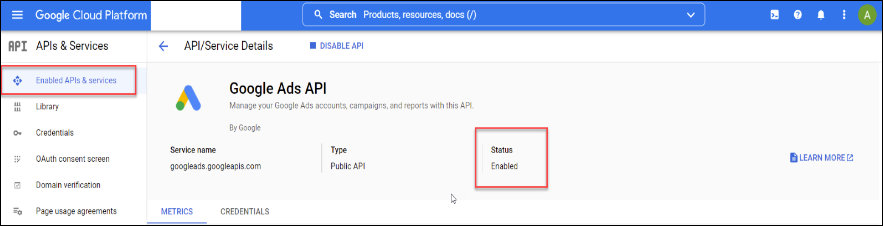 Google Ads API status changed to Enabled.