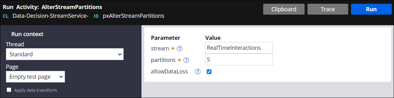 The number of partitions for a Real Time Interactions data set is set to five. The allow Data loss checkbox is selected.