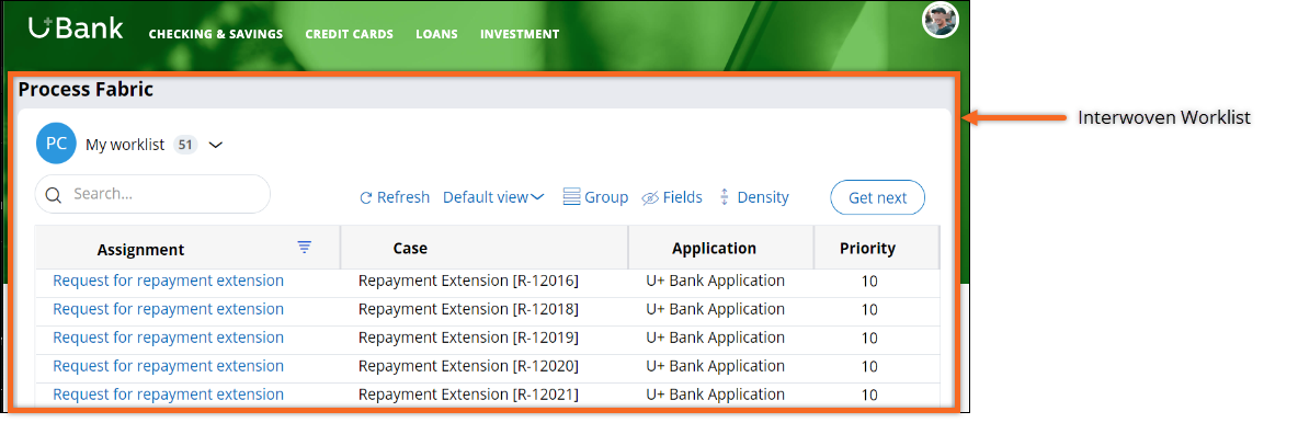 The UI of an external banking application with an embedded Interwoven Worklist.