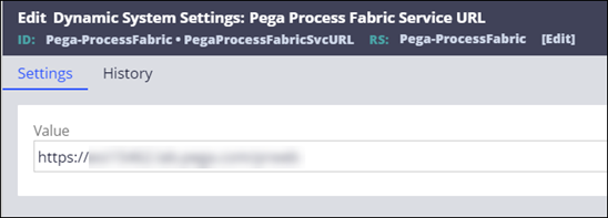 The Settings tab that shows the Pega Process Fabric Hub URL configuration.