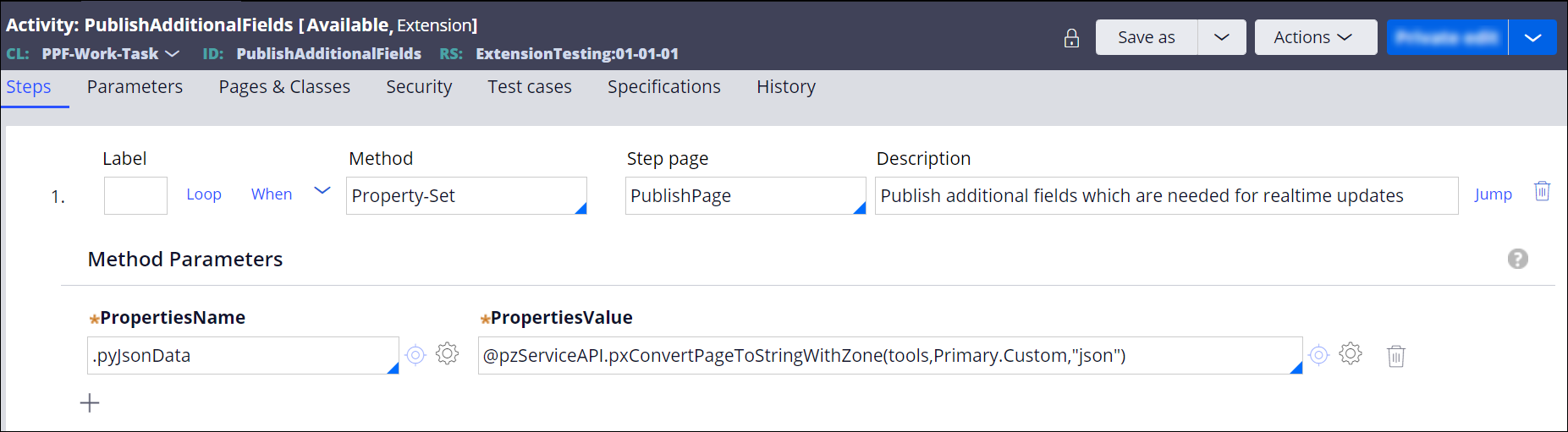 The PublishAdditionalFields activity configured to publish additional fields for real time updates.