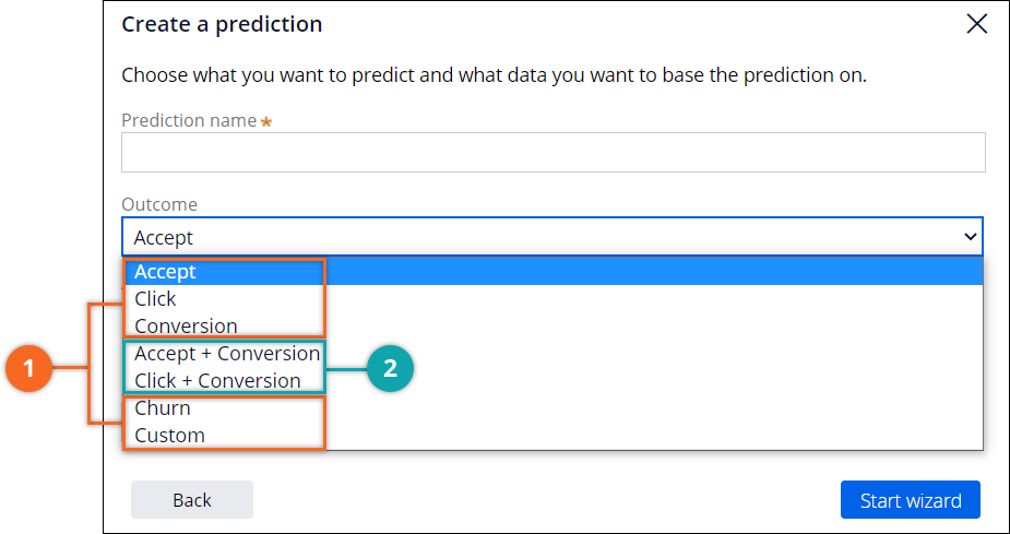 The Create a prediction window lists such outcomes as Accept, Click, and Conversion.