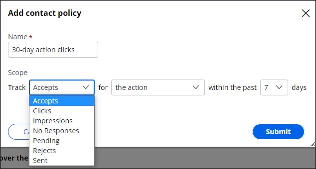 Track drop-down list in the Add contact policy section