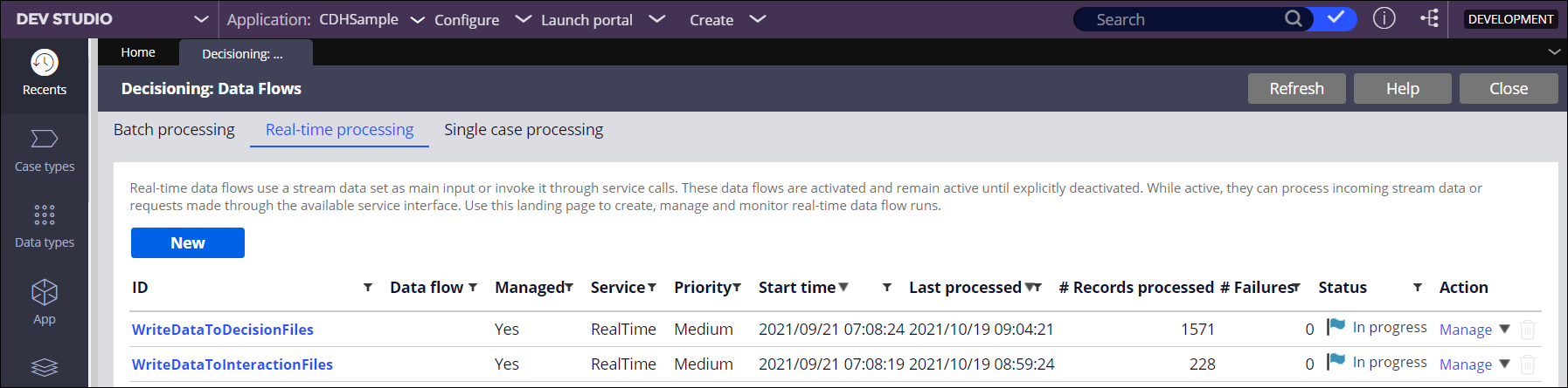 On the Data Flows landing page in Dev Studio, the Real-time processing tab shows the two data flows for data export.
