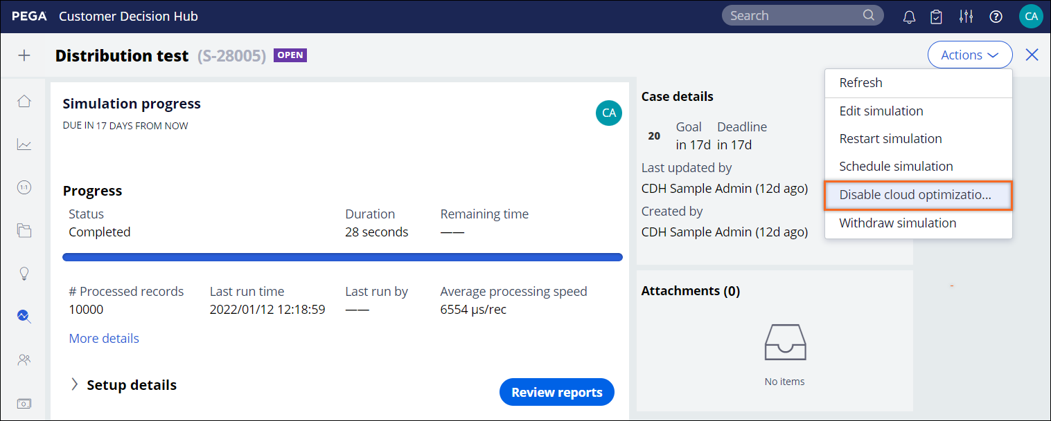 Simulation test results in the Pega Customer Decision Hub portal. The Actions menu is expanded.