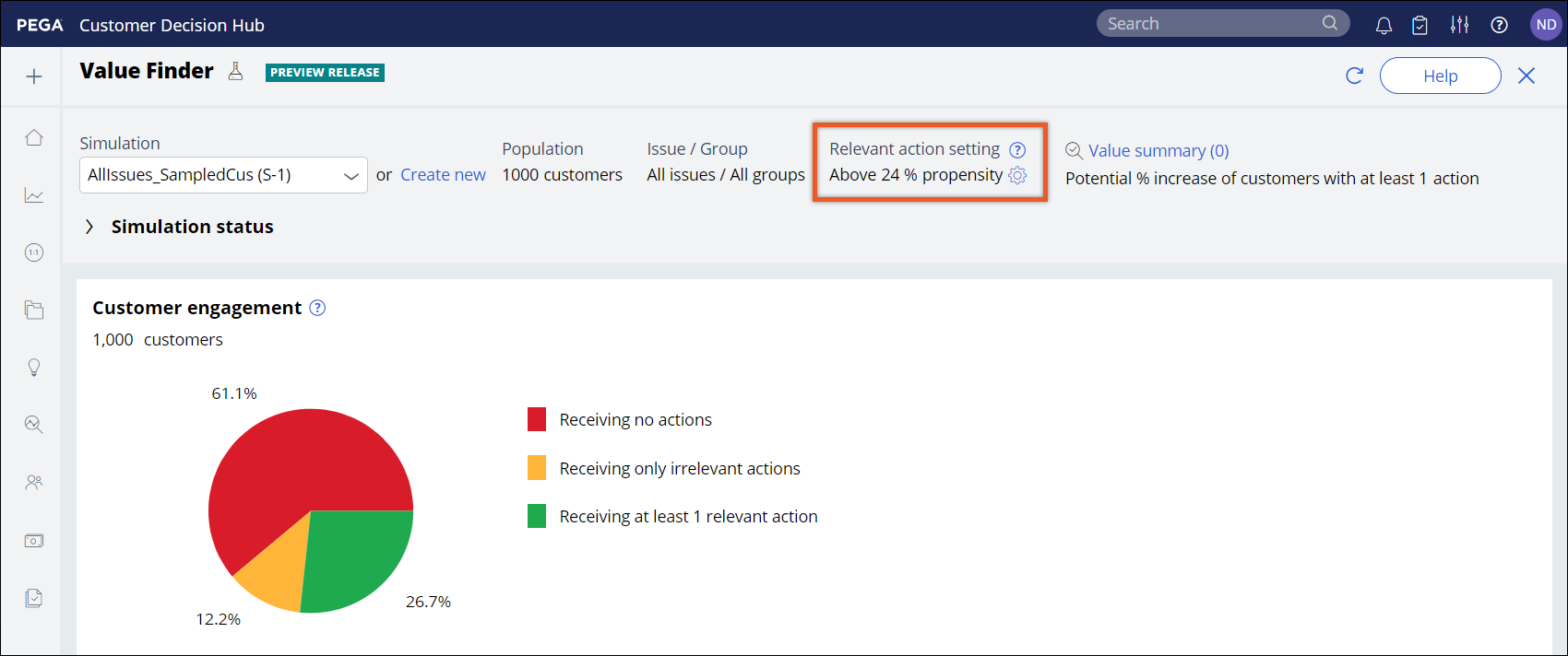 The relevant action setting is located in the header of the Value Finder landing page.