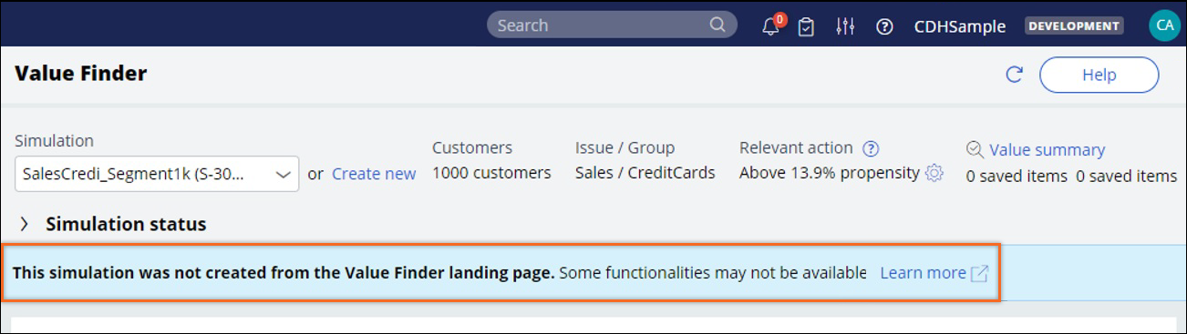 A blue bar at the top of the Value Finder landing page contains a warning about limited functionality.