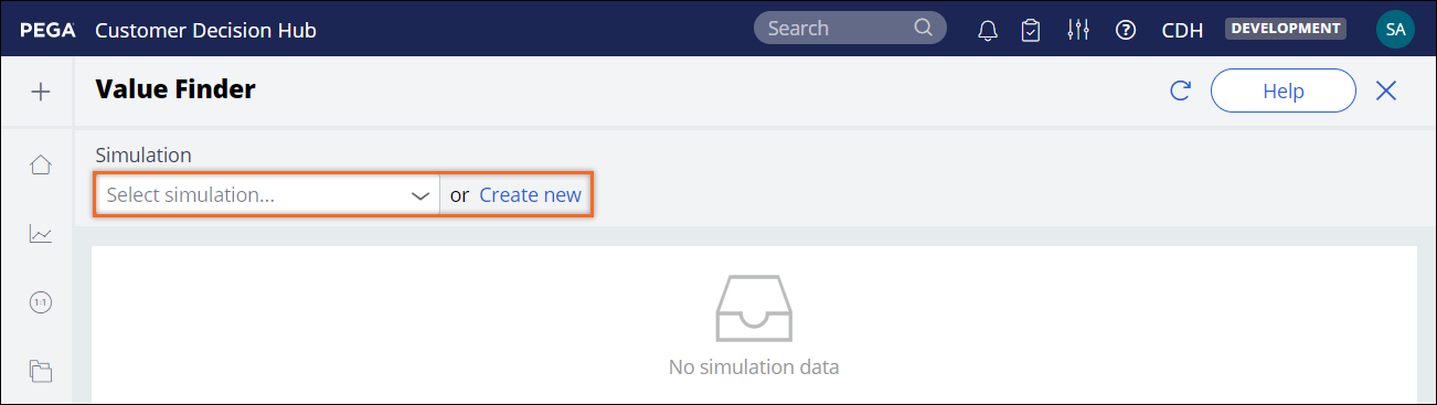 The upper-left corner of the Value Finder landing page contains a drop-down list of existing simulations and a button for creating new simulations.