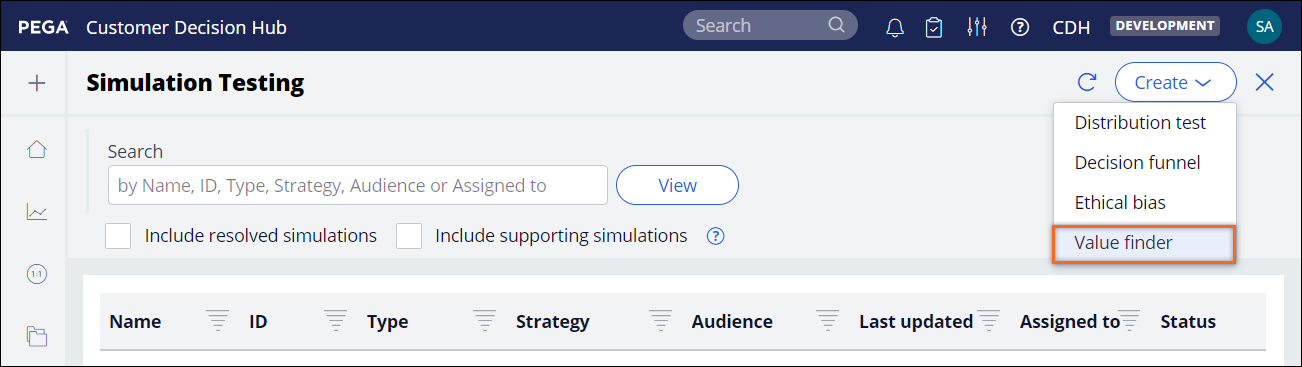 In the upper-right corner of the Simulation testing landing page, the Create menu contains the option to create a Value Finder simulation.