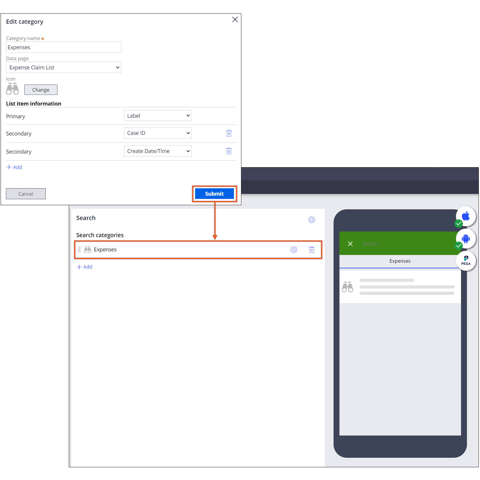 The image shows Pega Platform's mobile channel and a flow for configuring a mobile search gadget.