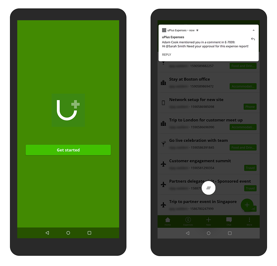 The image shows two mobile devices, one with the a launch screen with the uPlus logo, and the other with an active push notification.