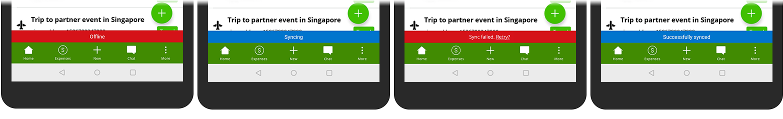 Four mobile screens, each with a different synchronization indicator placed horizontally above the bottom navigation menu. "Offline" and "Sync failed" on a red background, "Syncing" and "Successfully synced" on a blue background.