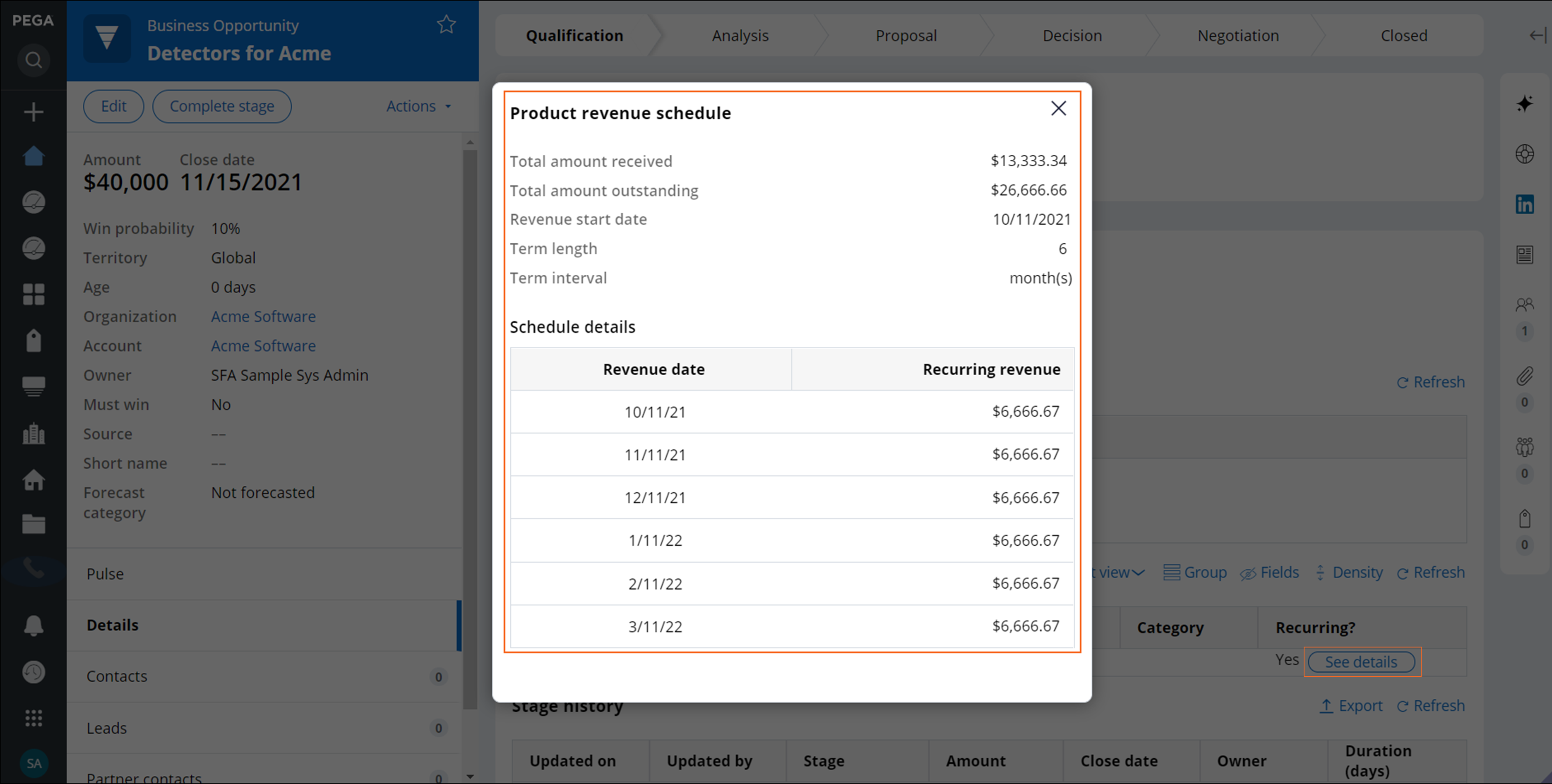 The Product revenue schedule dialog box with the details of the revenue schedule, including outstanding amount and payment dates.