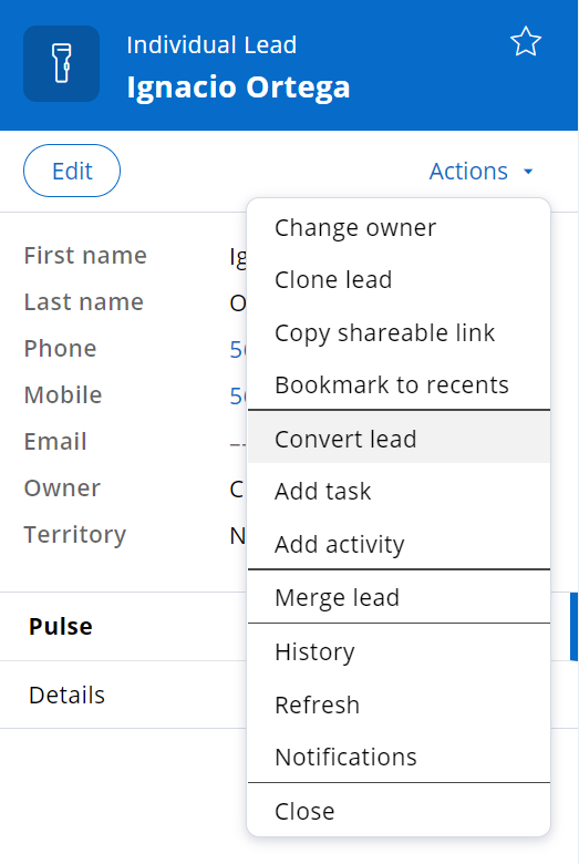 The Actions menus shows the Convert lead action for a qualified individual lead.