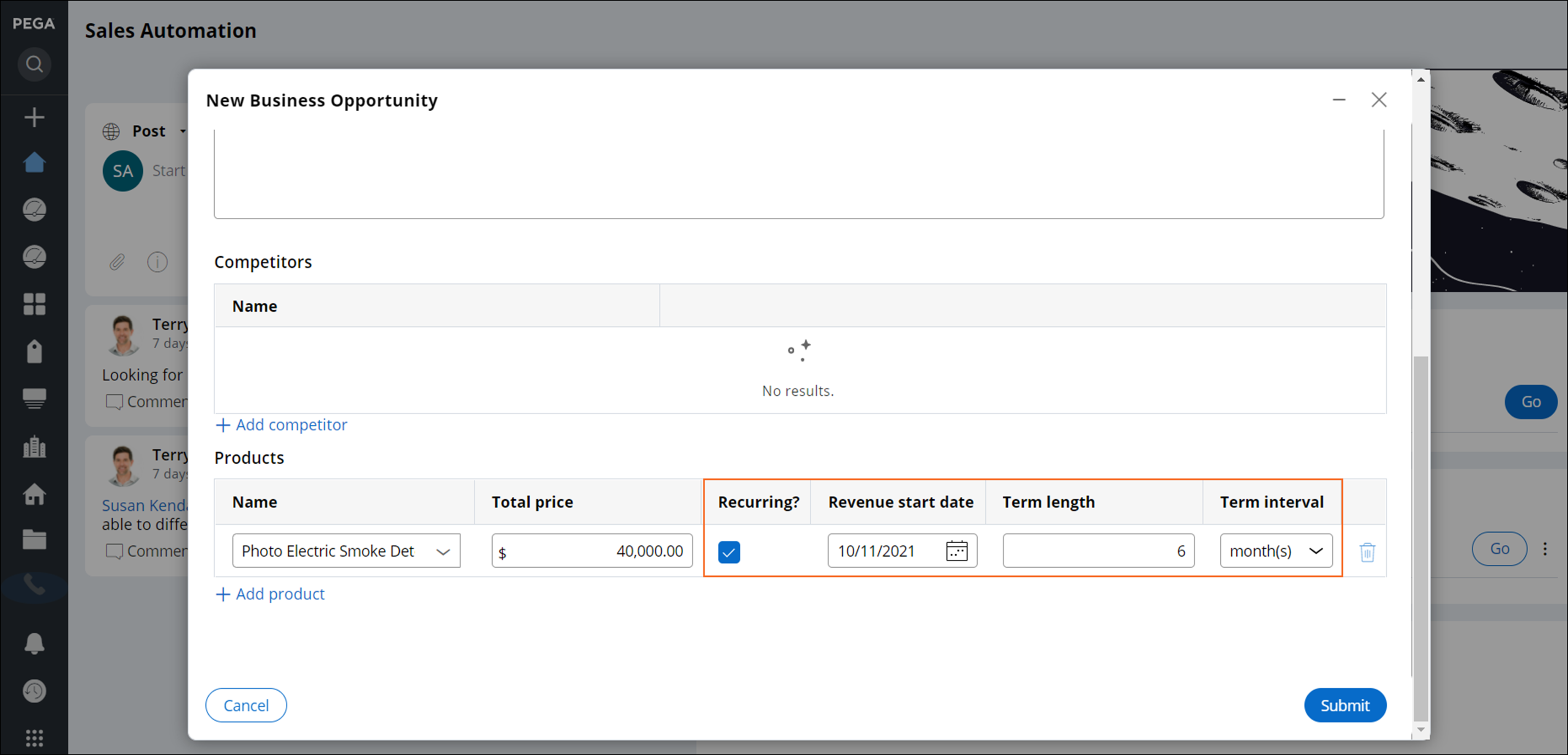 A dialog box that shows a sample revenue schedule that is auto-populated when a product is added to an opportunity.
