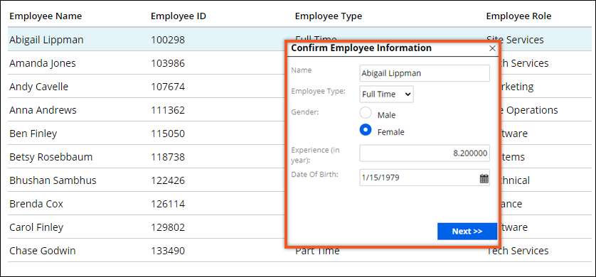 A table with employee data. The user can edit employee information in a modal dialog box.