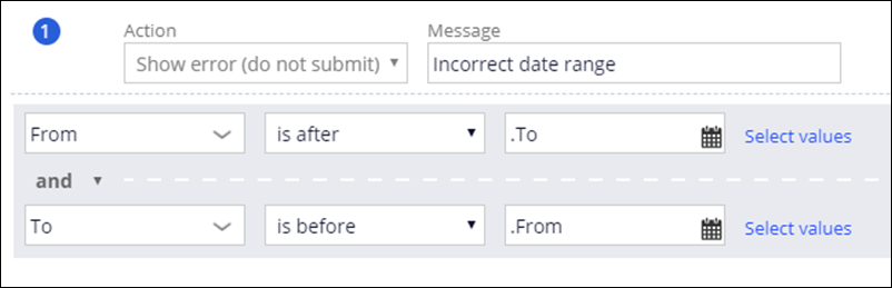 A validation condition that checks if a date range has a From date after the To date, and a To date before the From date.