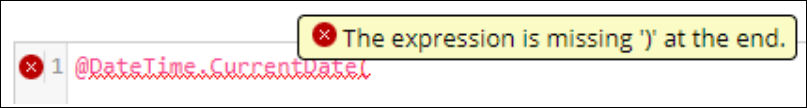 A syntax error message in the Expression Builder text editor.