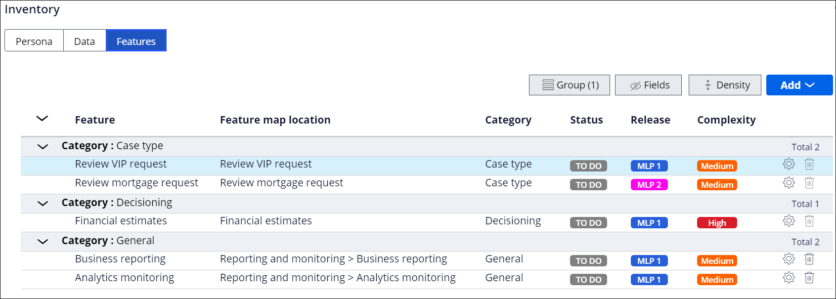 Application inventory with features grouped by category.