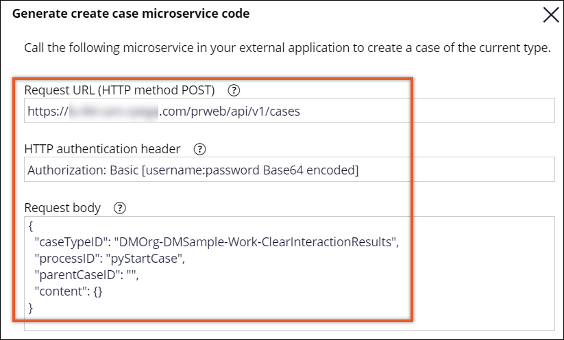 The Generate create case microservice code window with a sample request URL, HTTP authentication header, and request body.