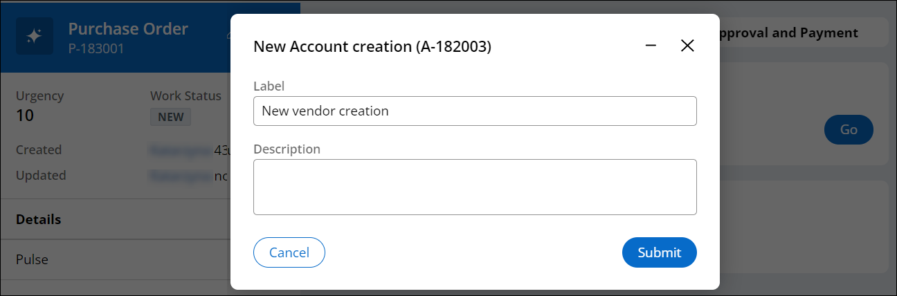 Modal dialog box with the Create stage form of the new child case that you created from the current case.