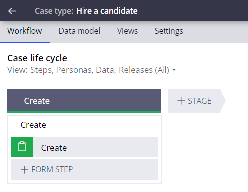 A new case type with the Create stage and the Create process.