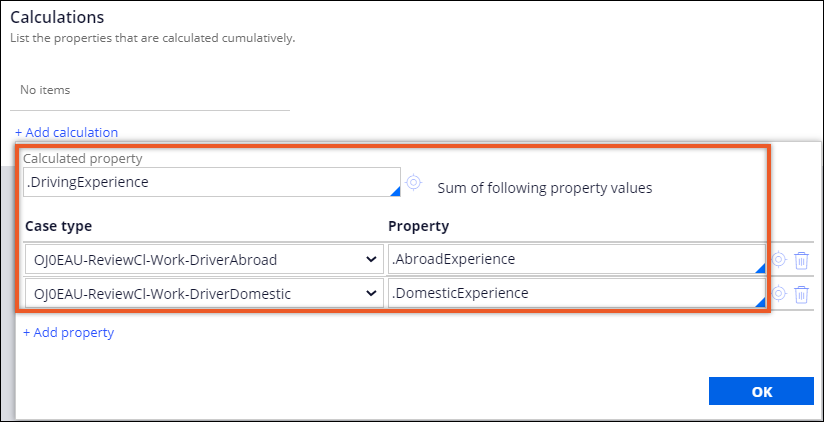 Dialog box with a calculated property in a parent case configured to be a sum of two properties from two child cases.