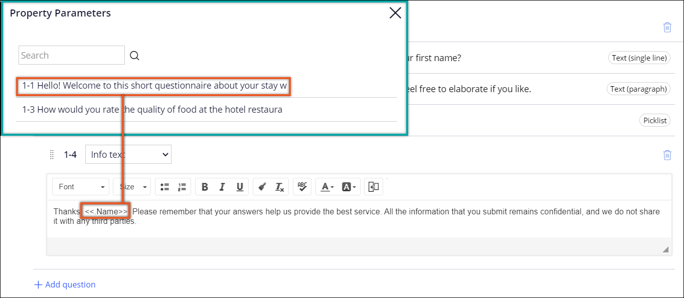 Select from question dialog box and a questionnaire with a reused answer