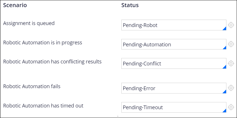 Set case status dialog box with a set of case statuses mapped to robotic assignment scenarios.